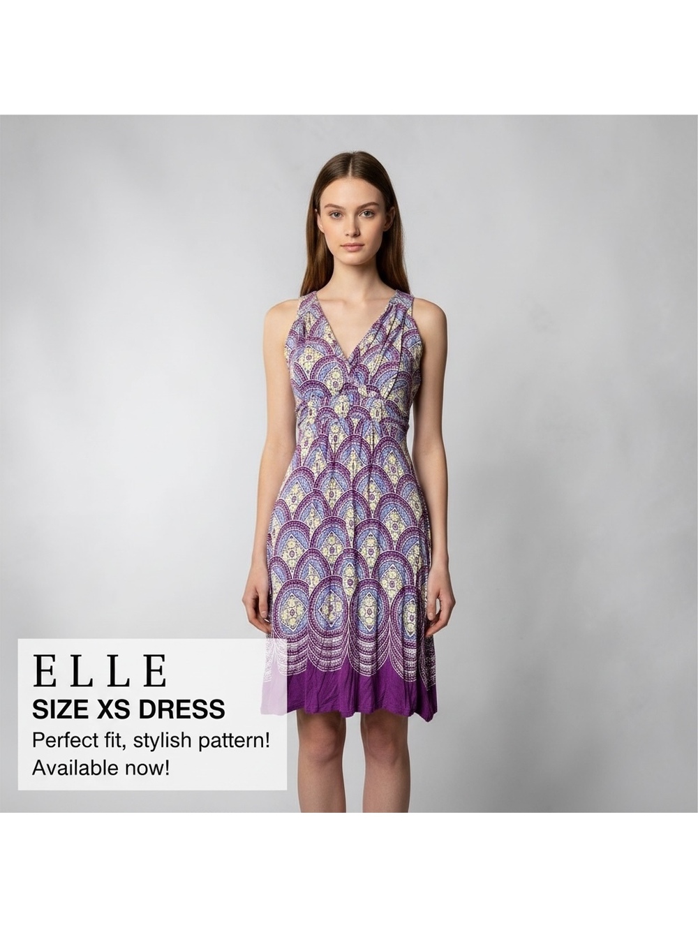 ELLE Purple Patterned V-Neck Sleeveless Dress Size XS